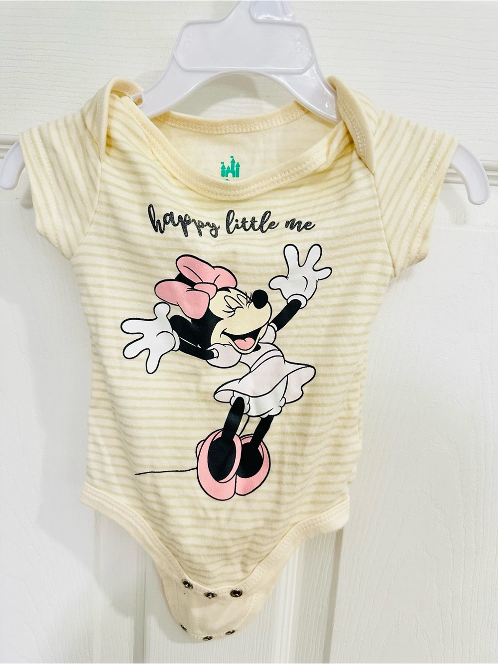 Disney Cream & Pink Minnie Mouse Striped Baby Bodysuit “Happy Little Me”